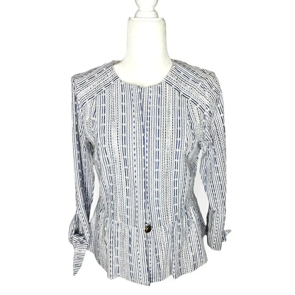 Waverly Grey Peplum Jacket Single Button Eyelet Tie Sleeves Cotton Size M - $218